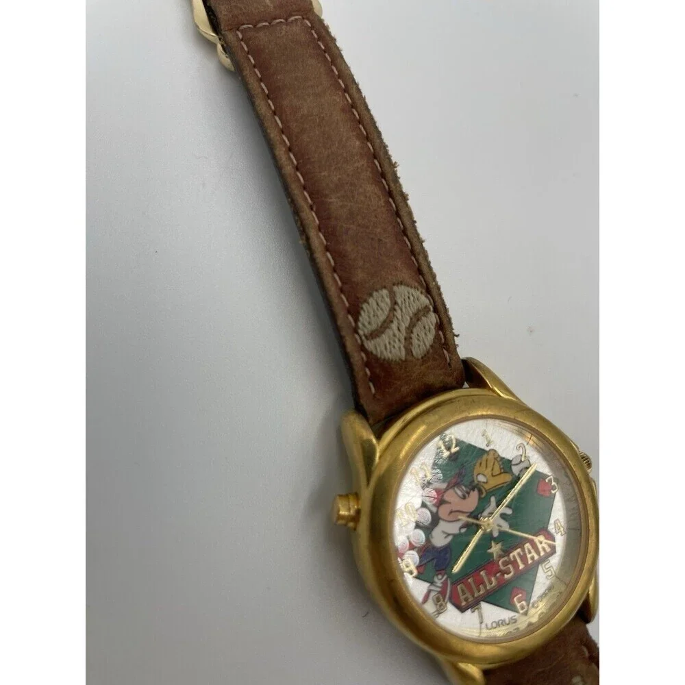 Vintage Mickey Mouse Baseball Lorus Watch With Gold All Star Disney Rare